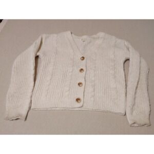 Derek Heart Cream Cable Knit V Neck‎ Button Up Cardigan Sweater Womens Medium SS